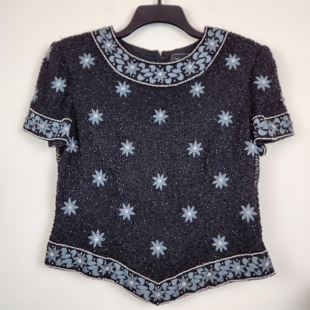 Cote d Azur 100% Silk beaded Sequins Top Size Large Party Formal